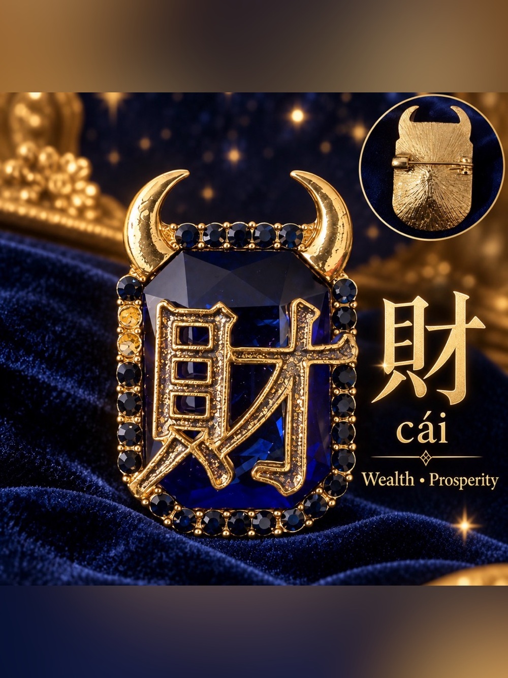 Gold-Tone Wealth Emblem Brooch with Deep Blue Gem